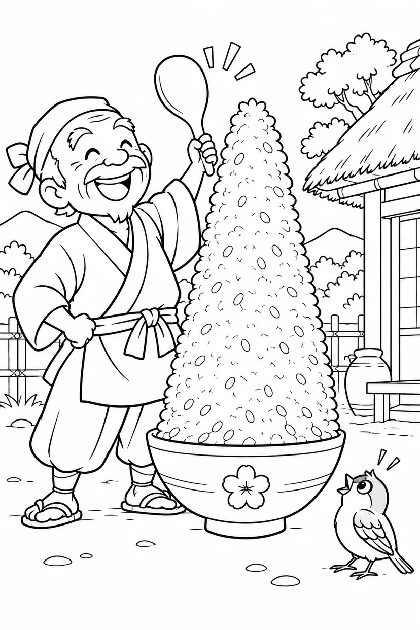 したきりすずめ：一粒のつもりが山盛りごはんの塗り絵