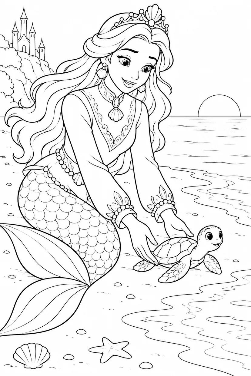 人魚姫：子ガメを海へご案内の塗り絵