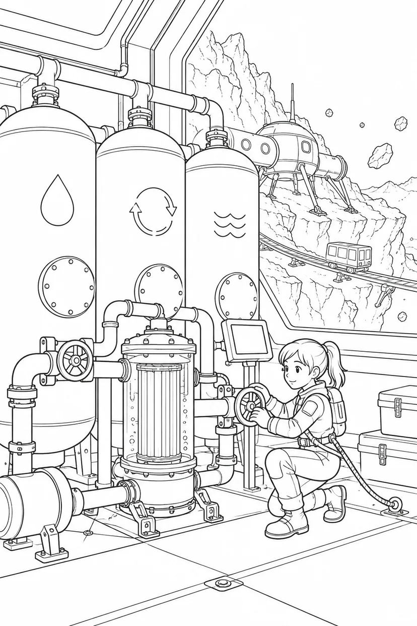 小惑星の岩山基地：水を循環させる装置の塗り絵