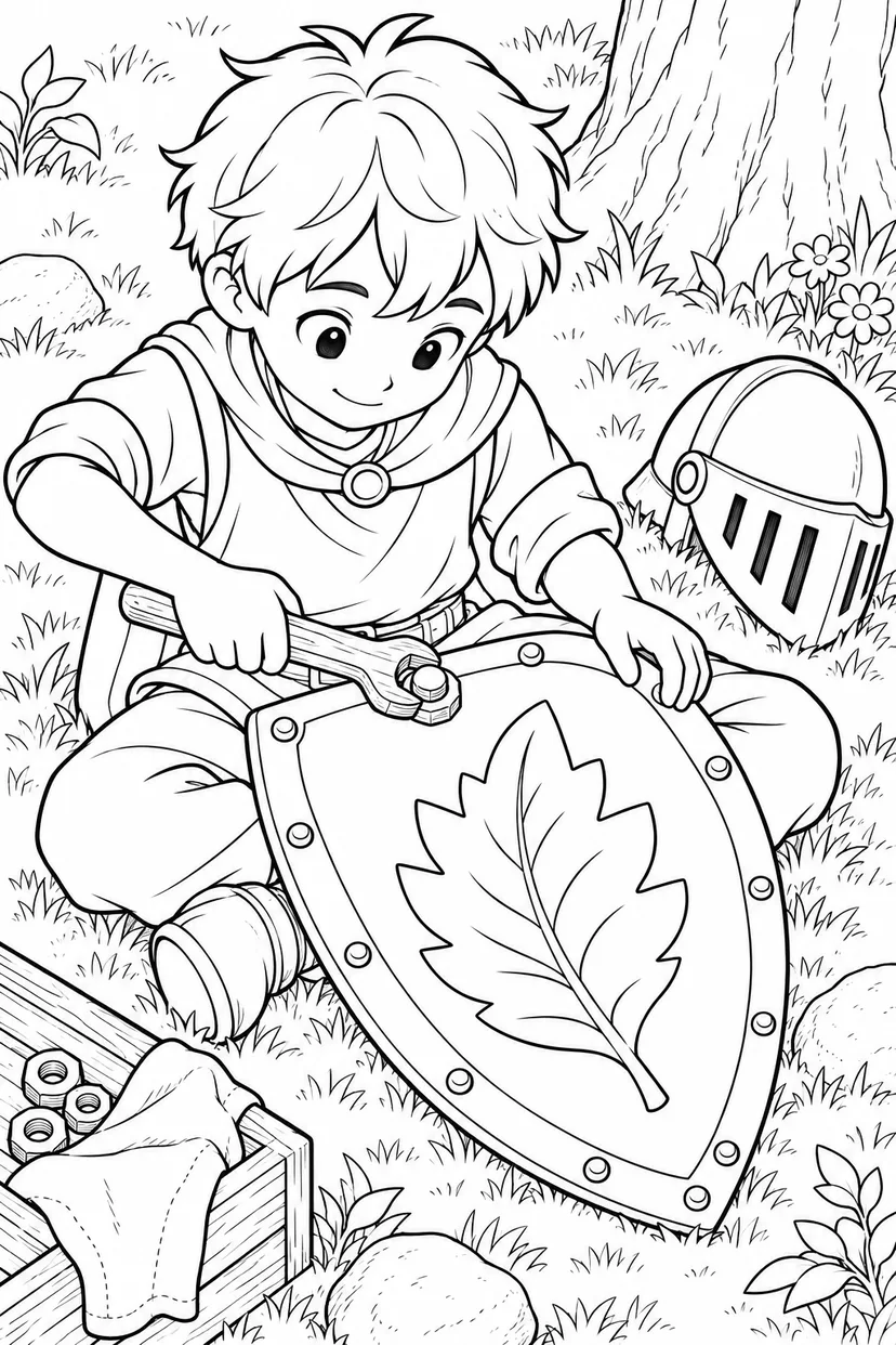 盾を直す小さな騎士の塗り絵