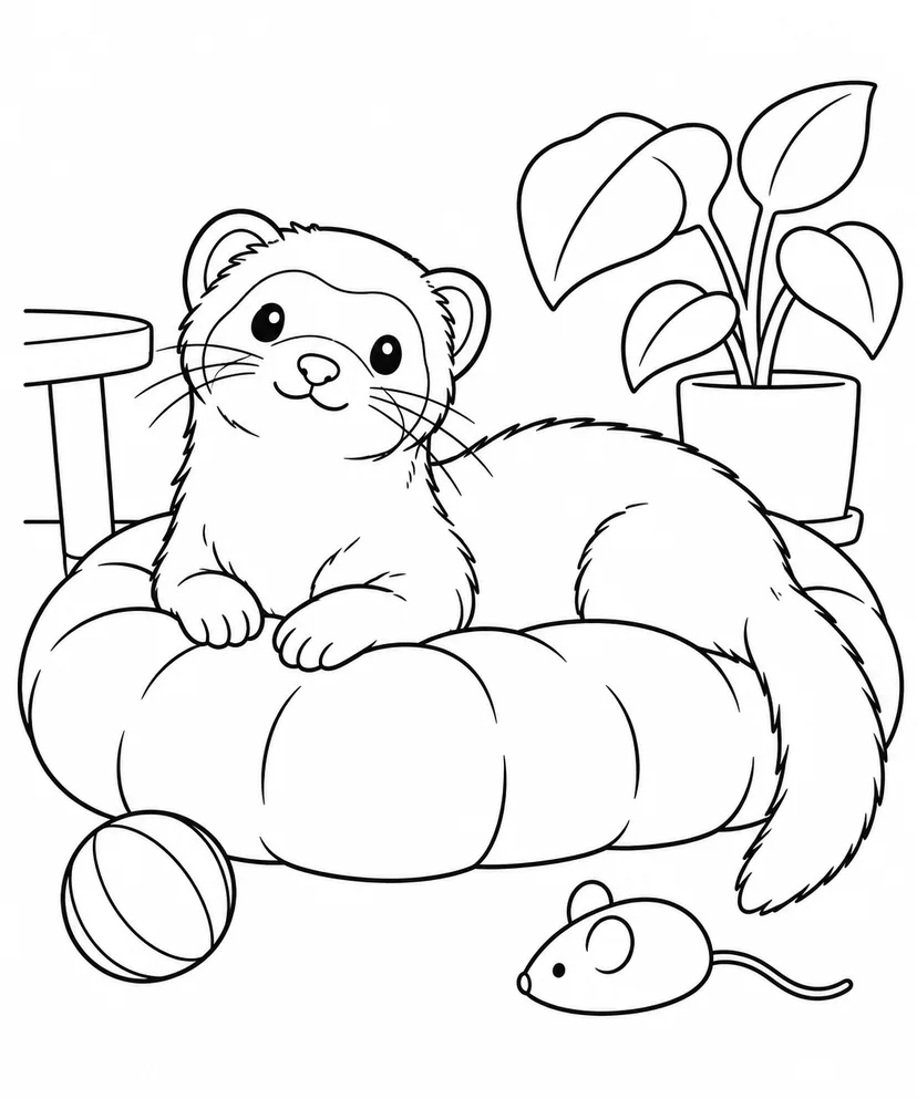 フェレットとクッションの塗り絵