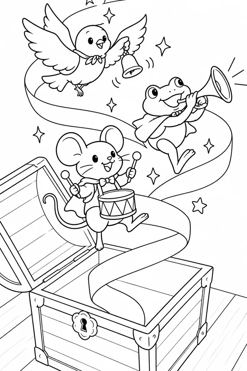 宝箱から音楽隊の塗り絵
