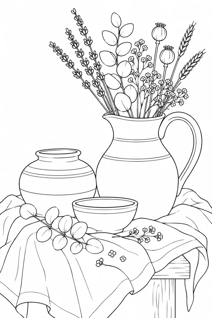 布の上の陶器とドライフラワーの塗り絵