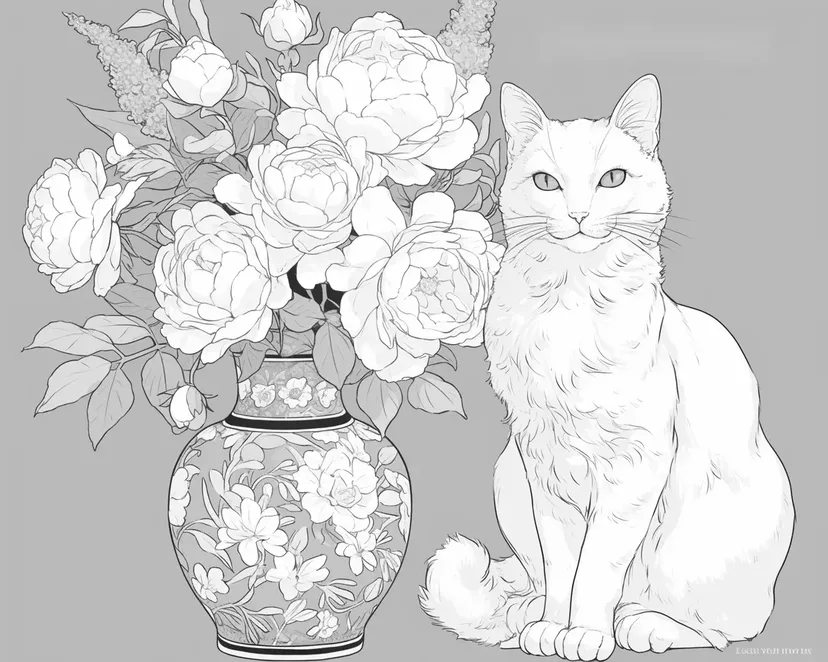 気品あるロシアンブルーと花瓶のバラの塗り絵