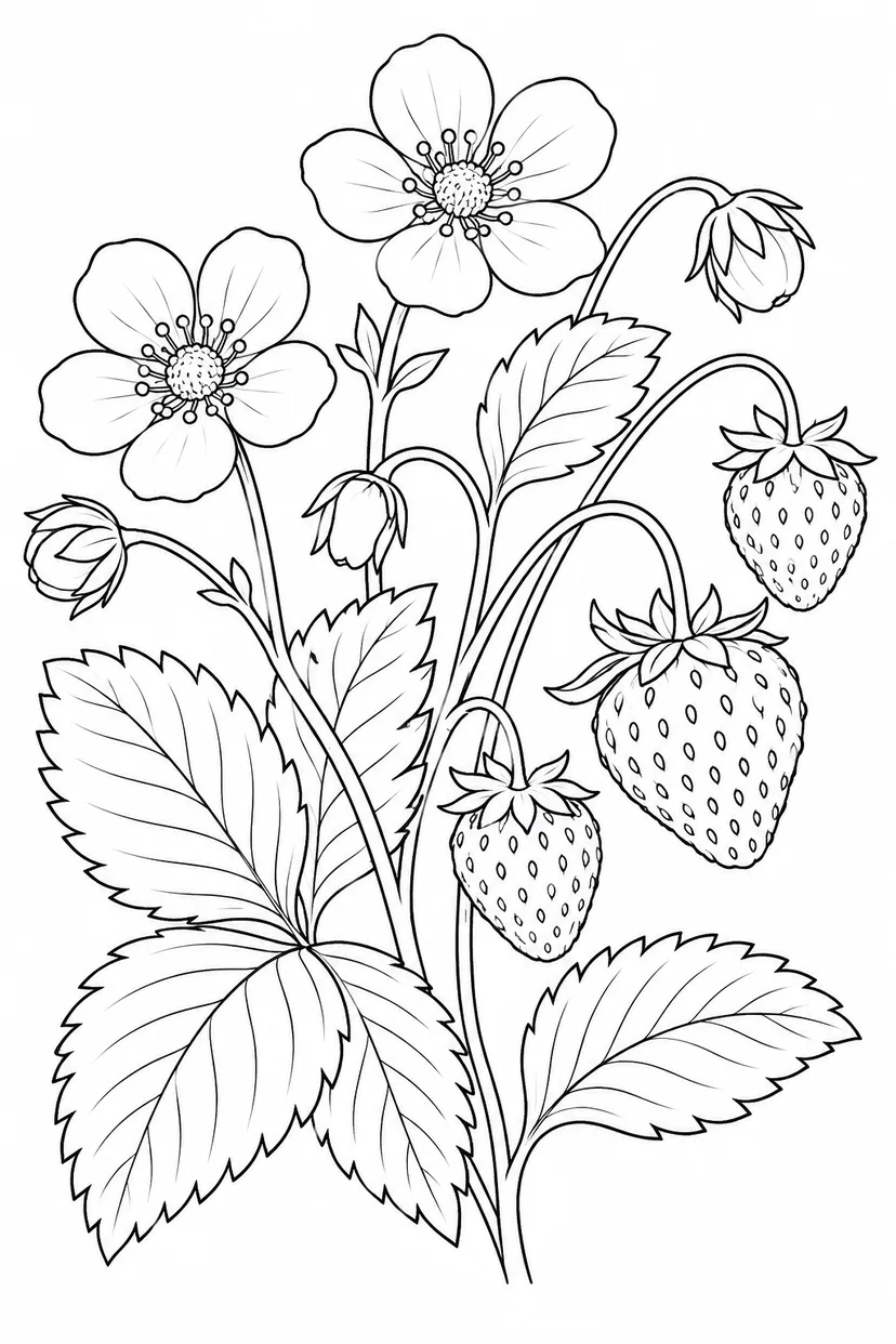 観察スケッチ：野いちごの花と実の塗り絵