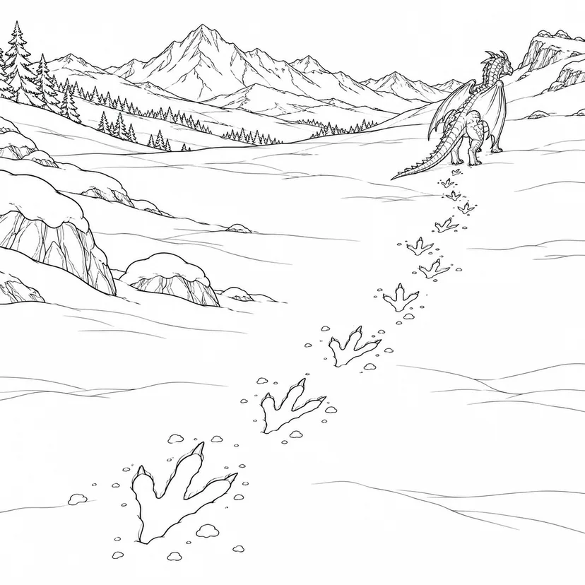 Coloriage Dragon laissant des traces dans la neige