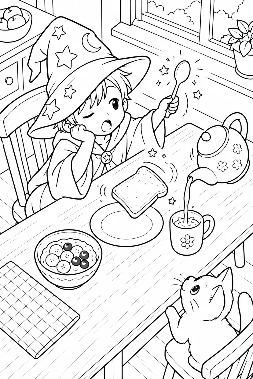 魔法で朝ごはんの塗り絵