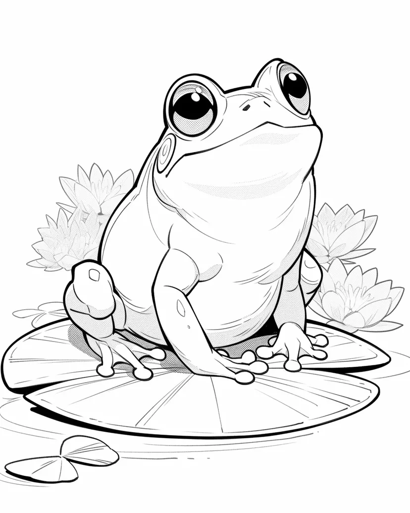 蓮の葉の上のかわいいカエルの塗り絵