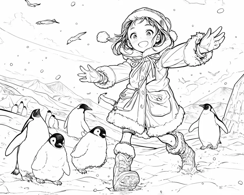 ペンギンと雪遊びの塗り絵