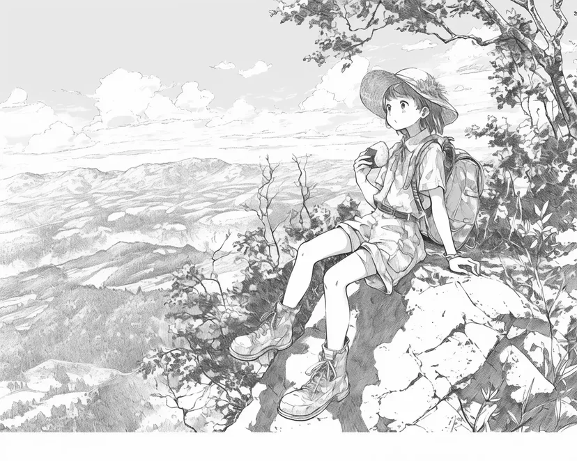 山の風景を眺める少女の塗り絵