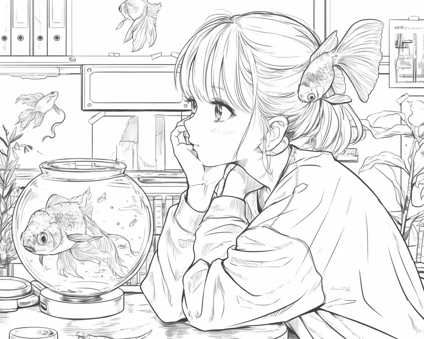 与金鱼沉思涂色页