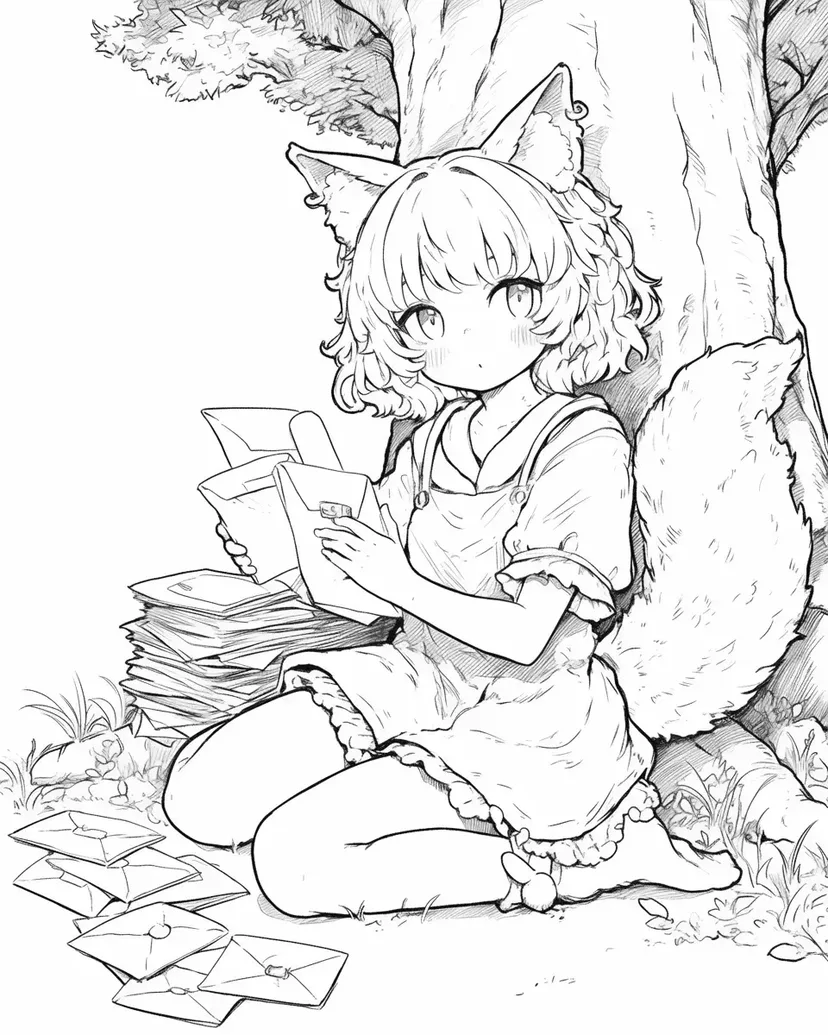 Dibujo de Niña Zorro Leyendo Cartas para colorear
