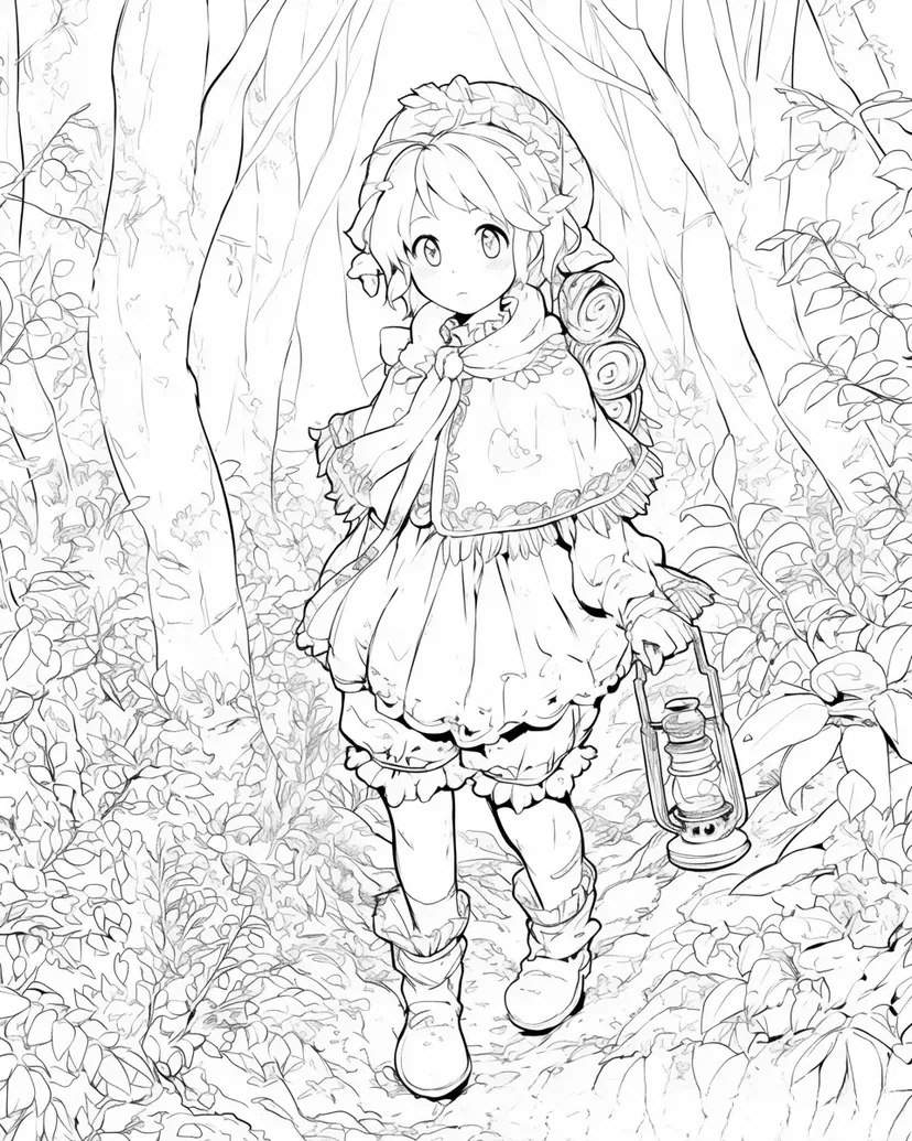 森の中の小さな冒険者の塗り絵
