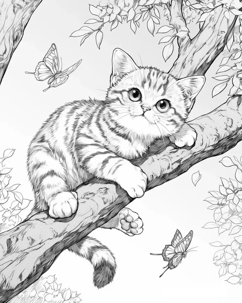 Dibujo de Gatito Lindo en un Árbol para colorear