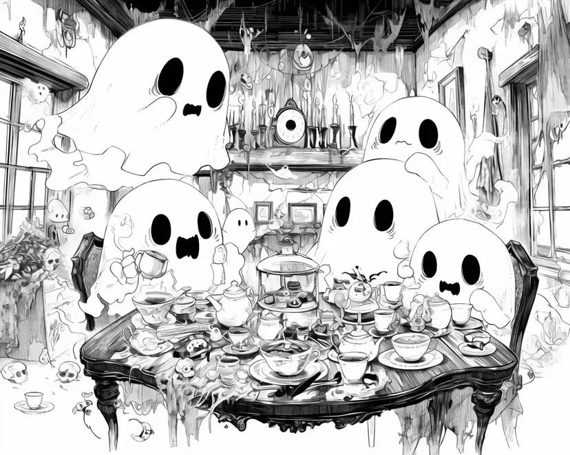 おばけたちのティーパーティーの塗り絵