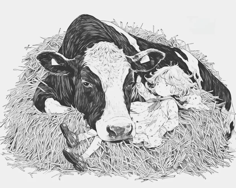 牛と子どもの穏やかなひとときの塗り絵