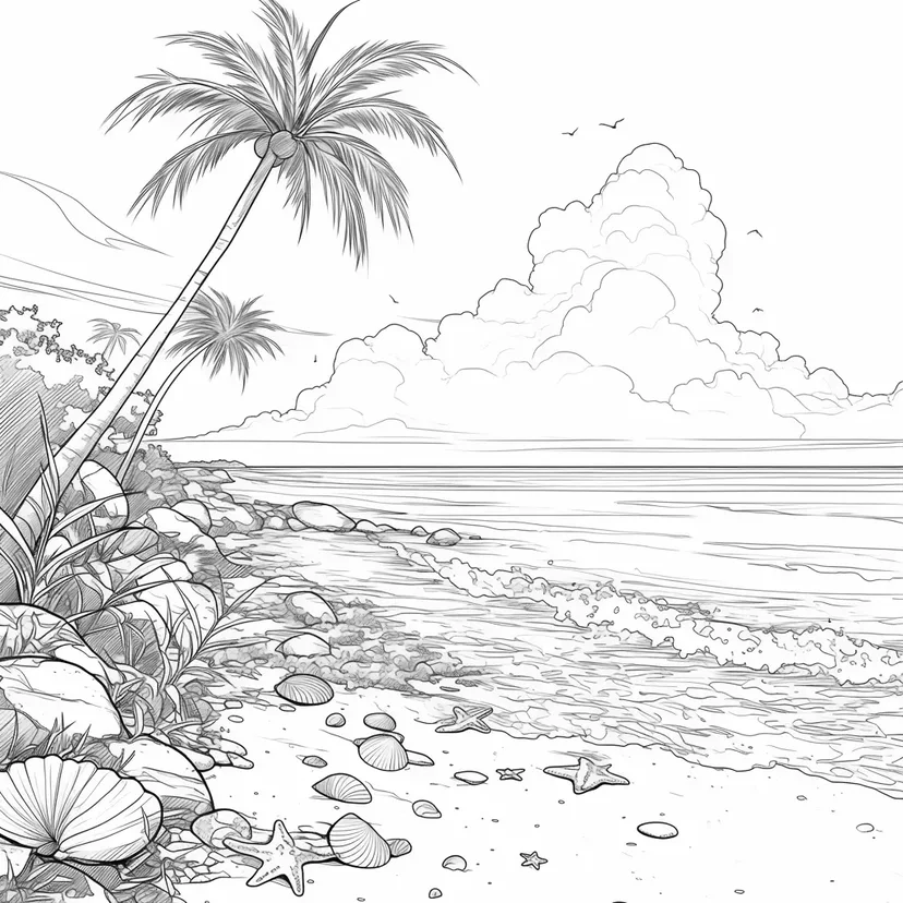 夏のビーチと貝殻の塗り絵