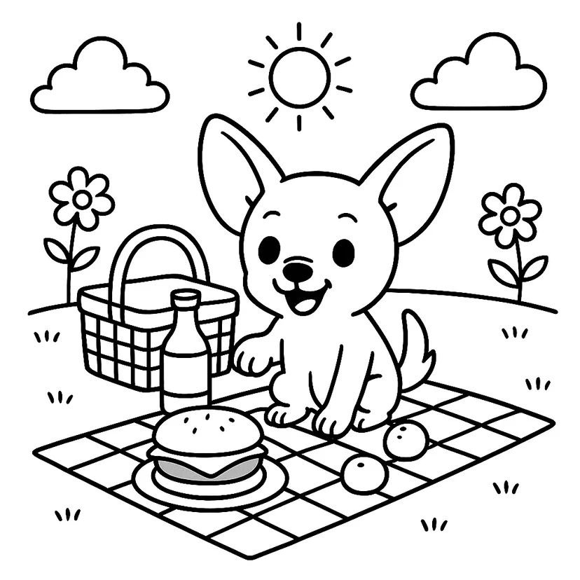 Dibujo de Perro Lindo en un Picnic para colorear