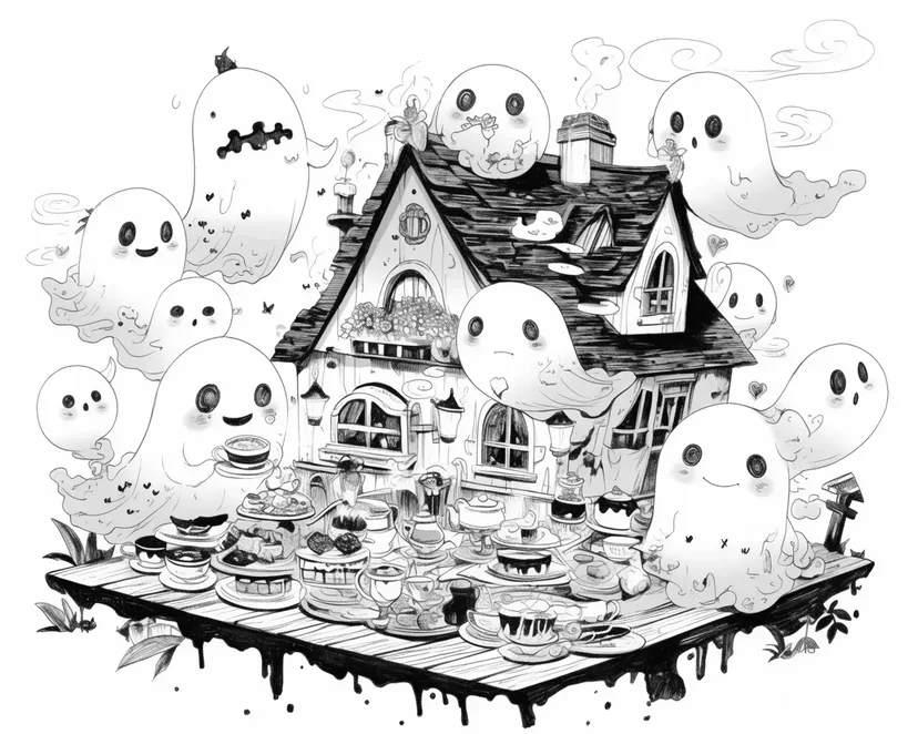 おばけのティーパーティーの塗り絵
