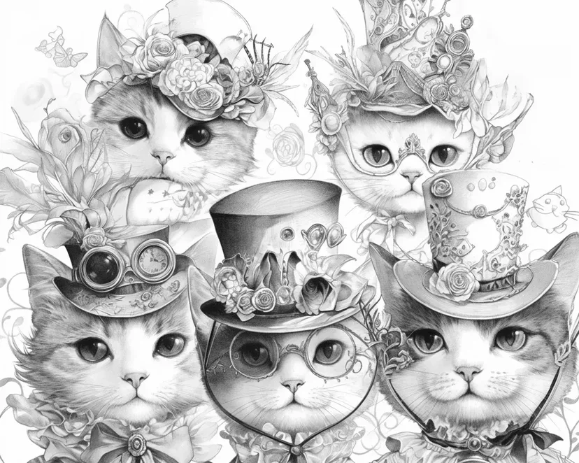 Coloriage Chats Élégants aux Chapeaux Fantaisie