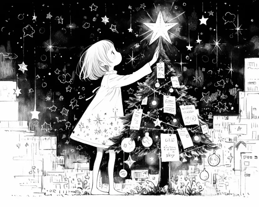 星を飾る少女の塗り絵