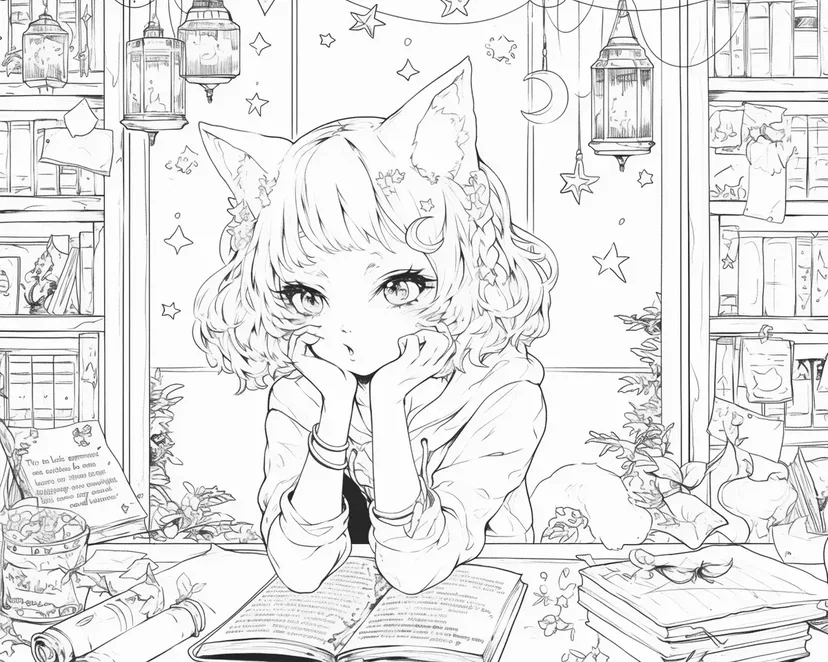 星空を見つめる猫耳少女の塗り絵