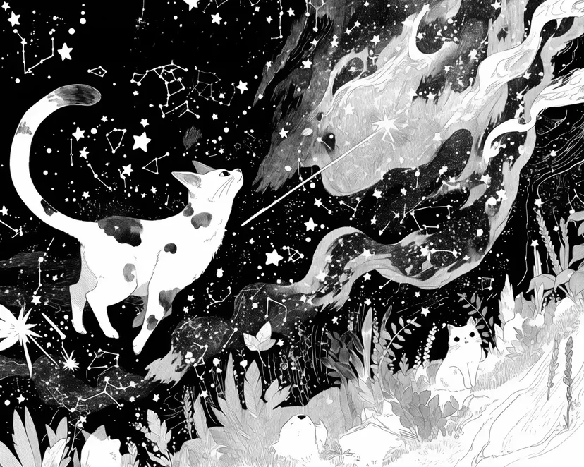 Desenho de Gato Mágico da Noite Estrelada para colorir