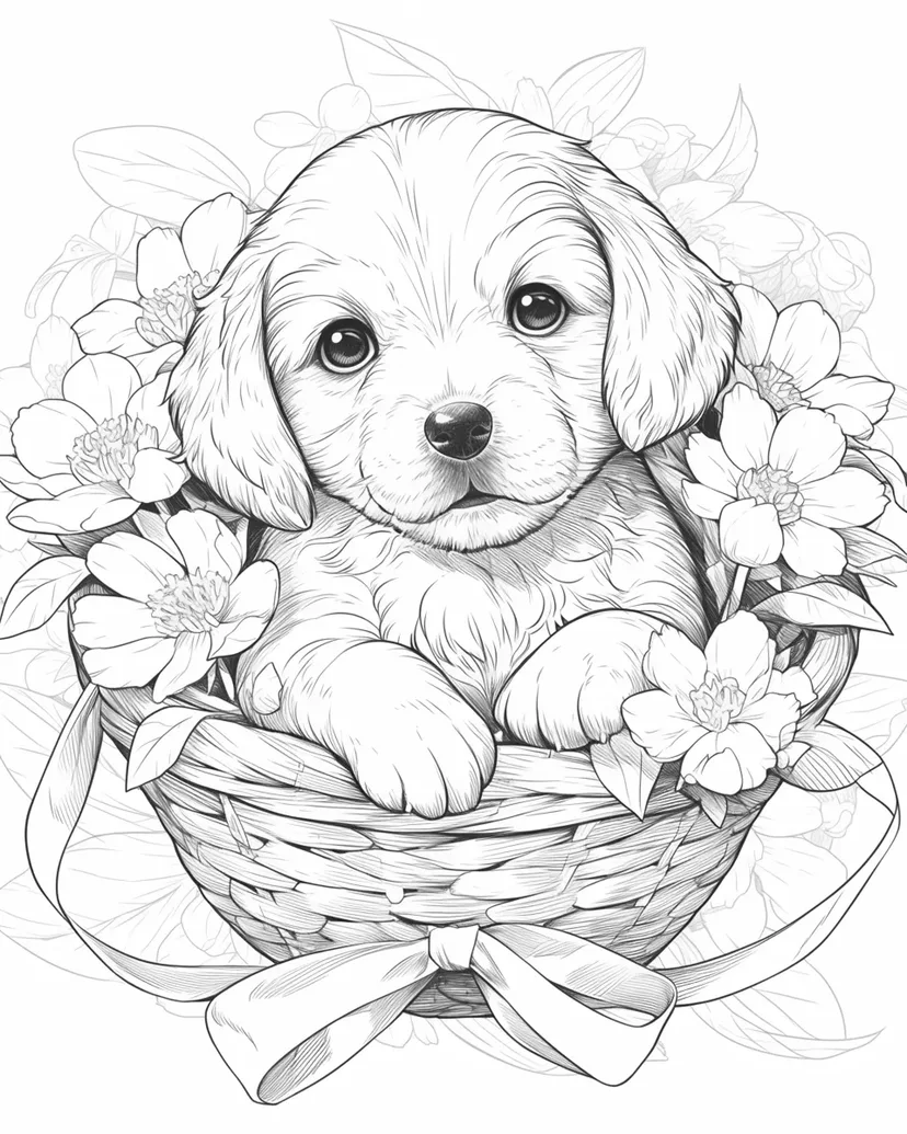 花かごの中の子犬の塗り絵