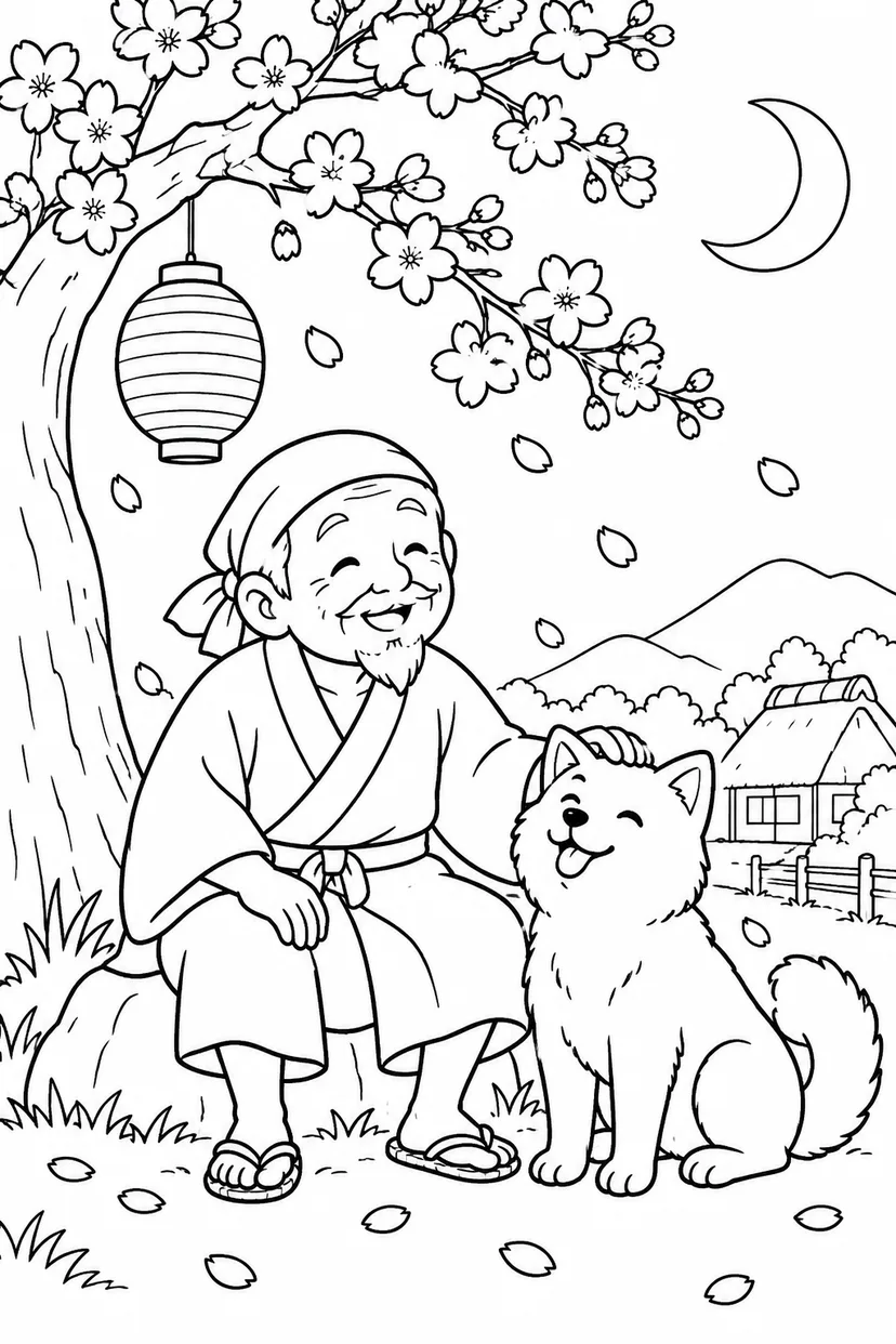 はなさかおじさん：月と提灯と夜桜（ほっこり）の塗り絵