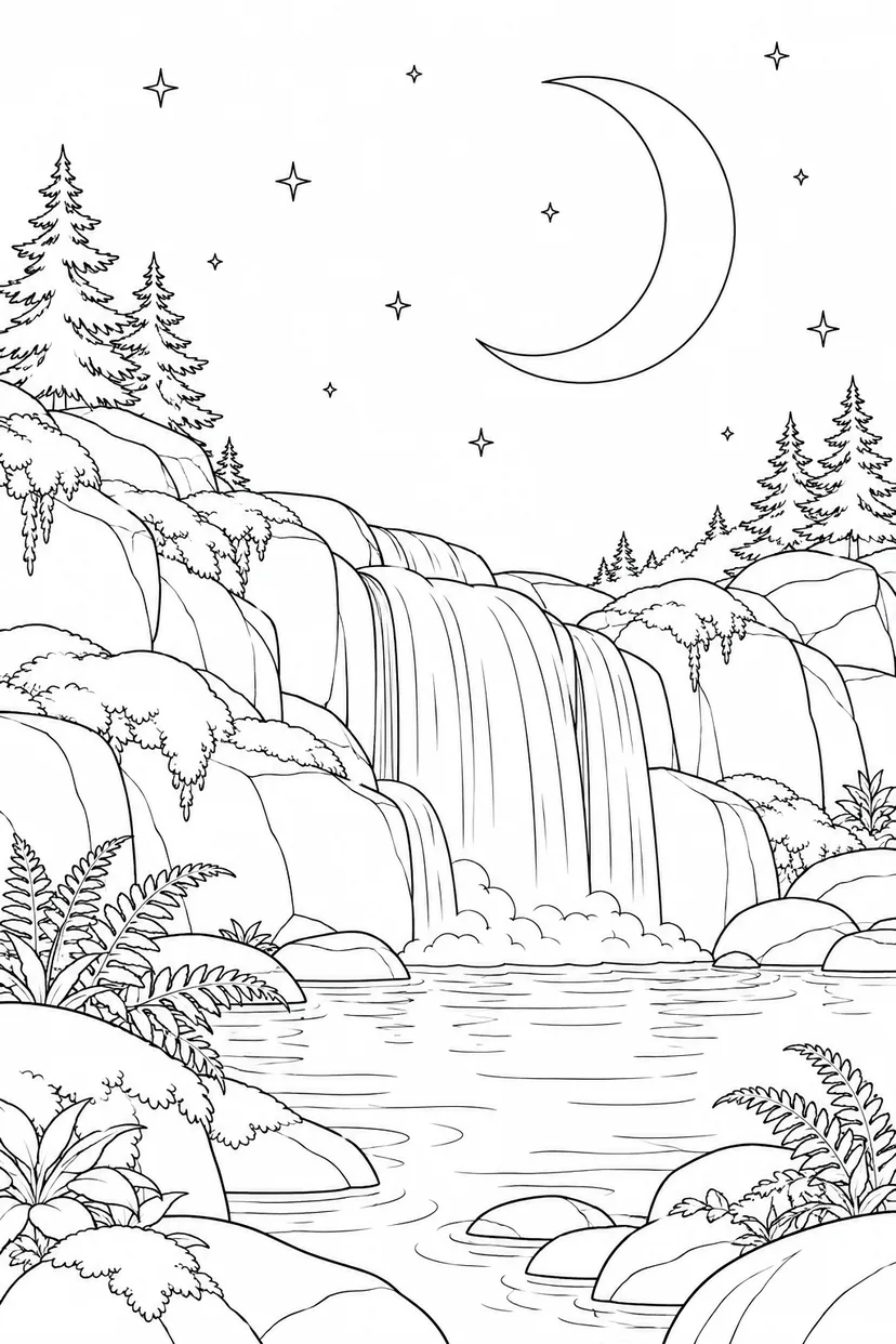 苔むした滝壺と三日月の塗り絵
