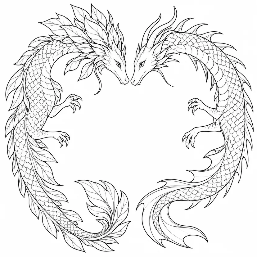 Dibujo de Dos dragones formando un círculo para colorear