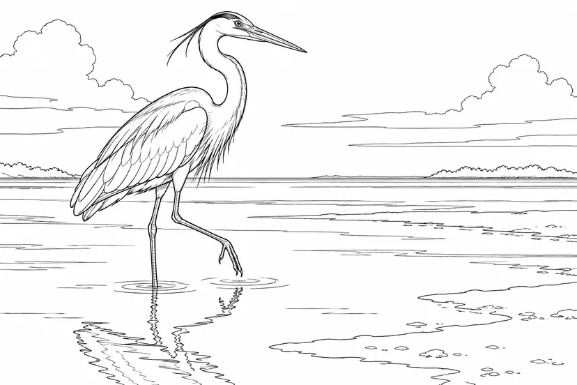 干潟を歩くサギの塗り絵