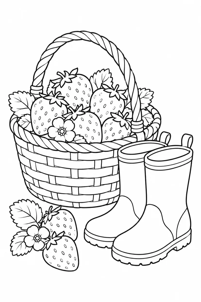 Desenho de Cesta e botas para colher morangos para colorir