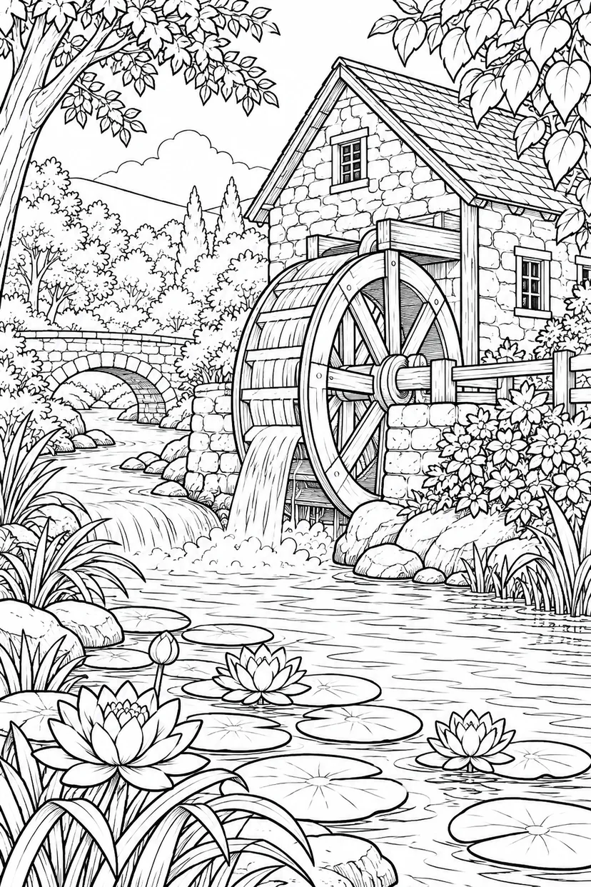 夏の水車小屋の小さな川の塗り絵
