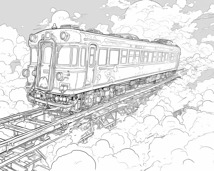 雲の上を走る魔法の列車の塗り絵