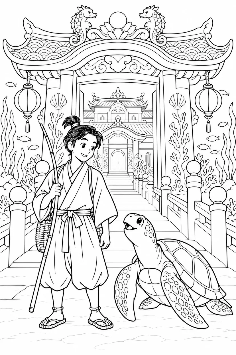 浦島太郎：竜宮城の大きな門（ほっこり）の塗り絵