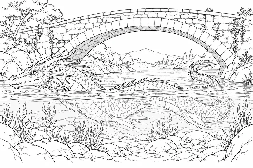 Coloriage Dragon nageant sous un pont de pierre