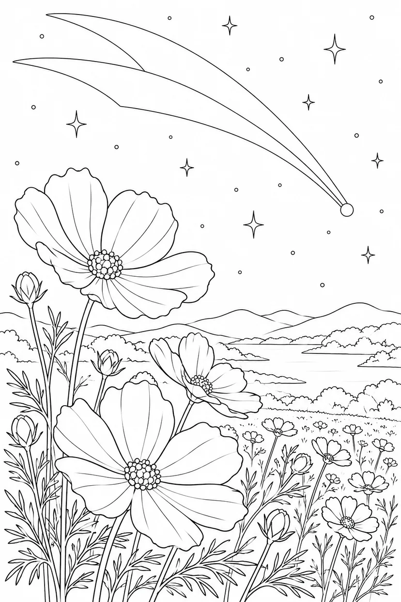 コスモスの花畑と尾をひく彗星の塗り絵