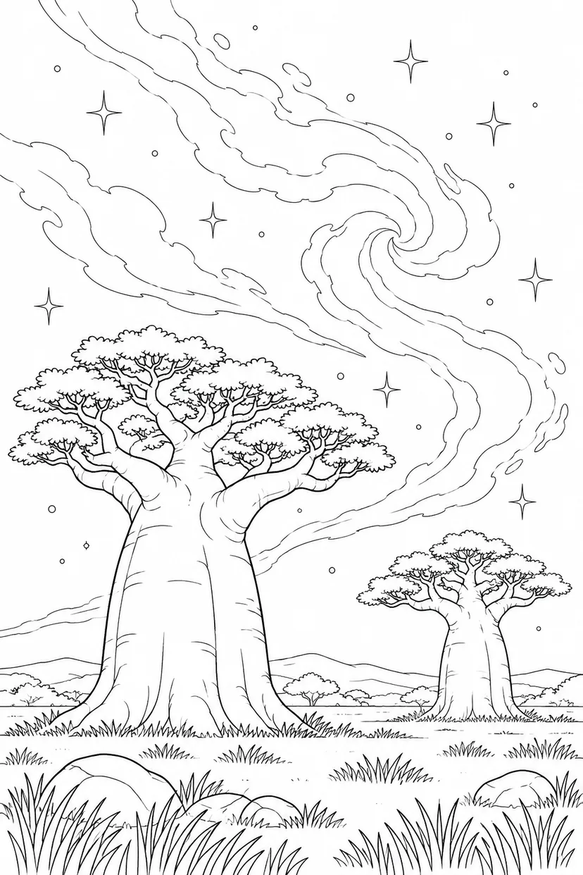 バオバブの平原と星雲のゆらめきの塗り絵