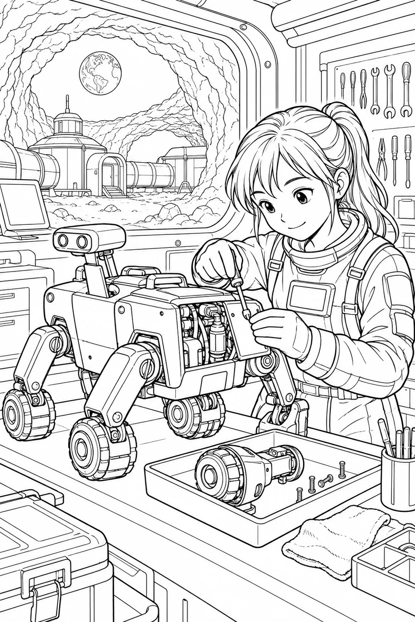 月の溶岩洞基地：ロボットの整備工房の塗り絵