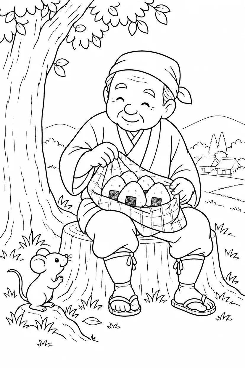 おむすびころりん・ほっこり：切り株でお昼ごはんの塗り絵