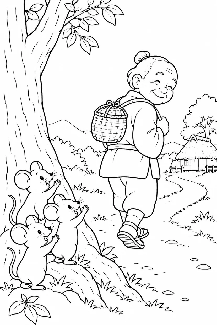 おむすびころりん・ほっこり：小さなつづらを背負っての塗り絵