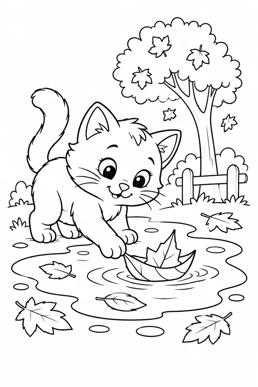 こねこの落ち葉の舟の塗り絵