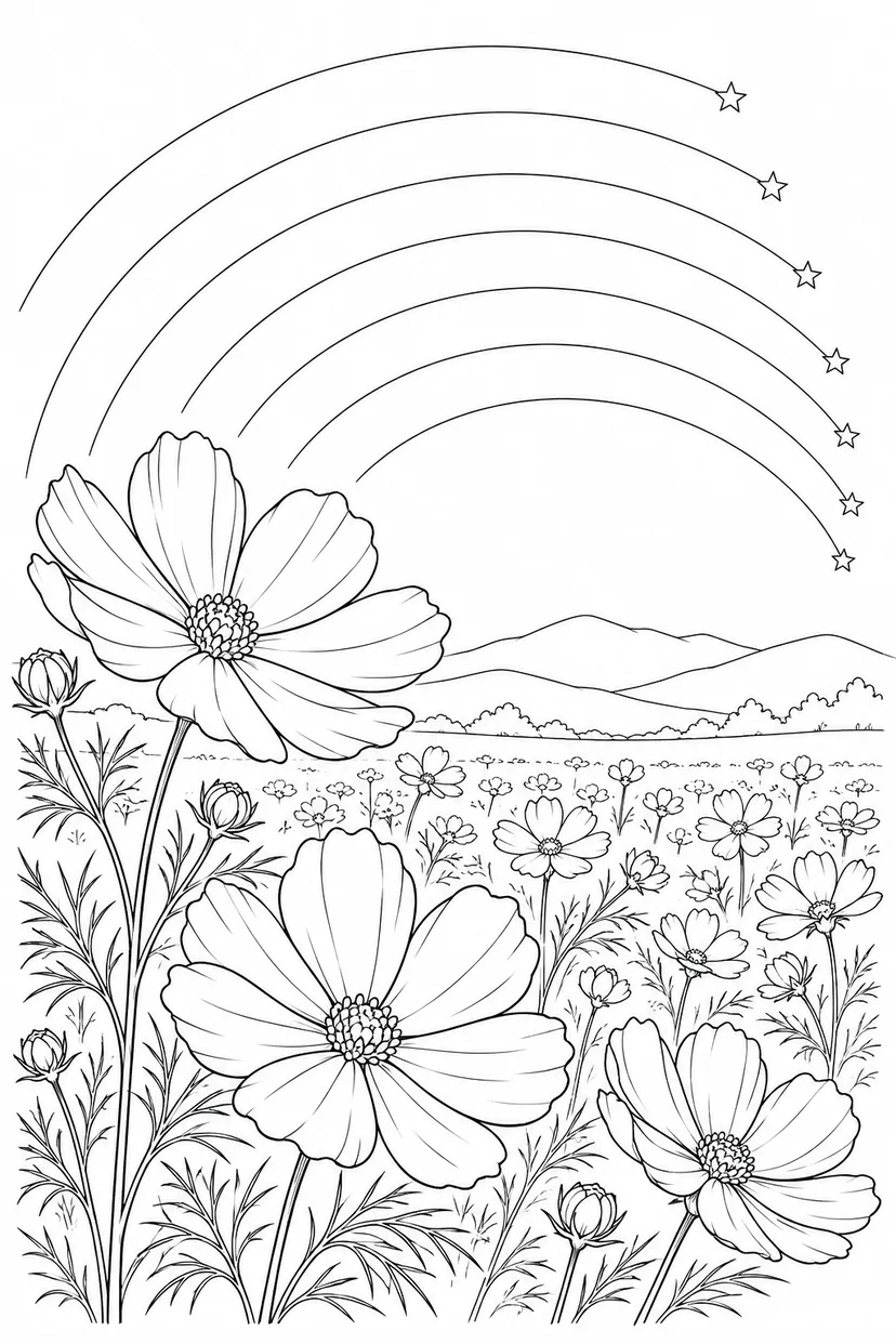 コスモスの花畑と星の軌跡の塗り絵