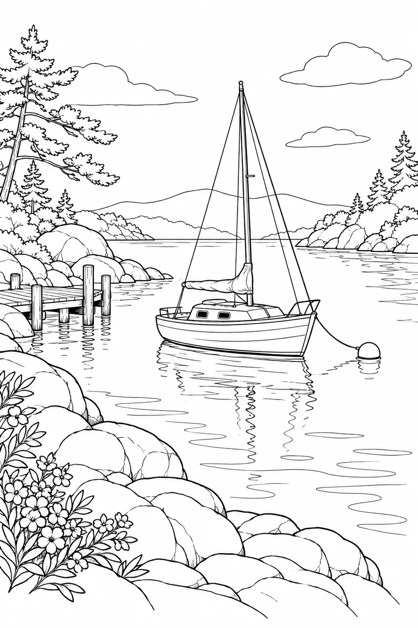 入り江に浮かぶ小さな帆船の塗り絵