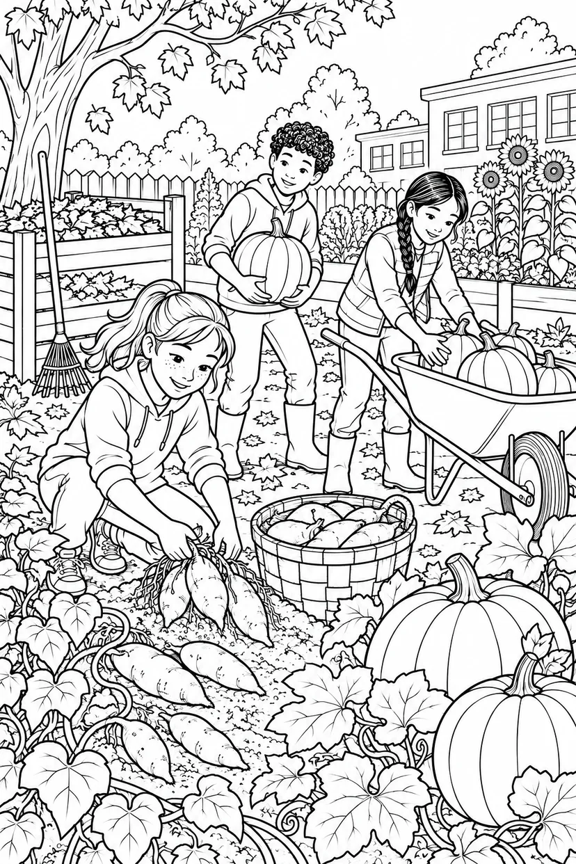 秋の学校の菜園づくりの塗り絵