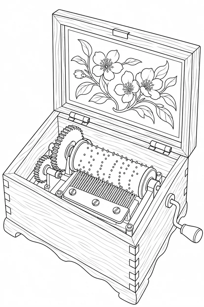 Coloriage Mécanisme de boîte à musique à manivelle