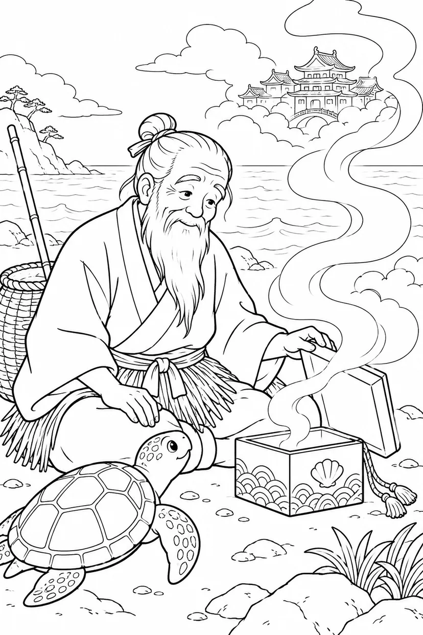 浦島太郎：玉手箱の煙と白いひげ（ほっこり）の塗り絵