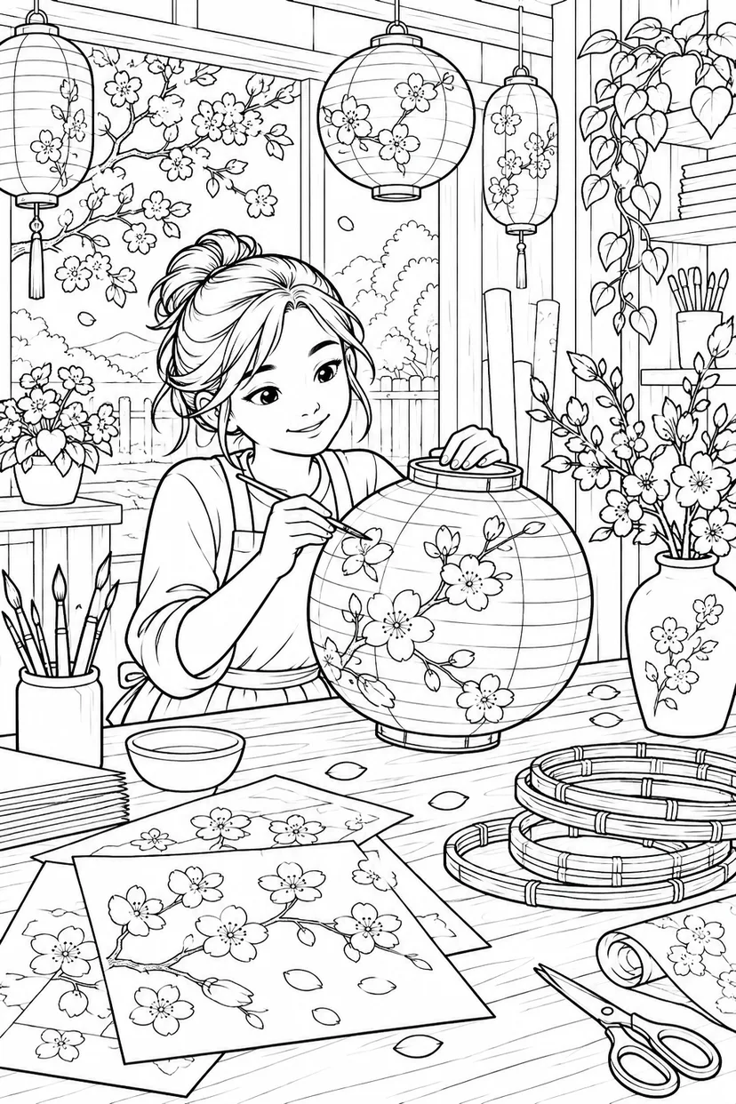 春のランタンづくりのアトリエの塗り絵