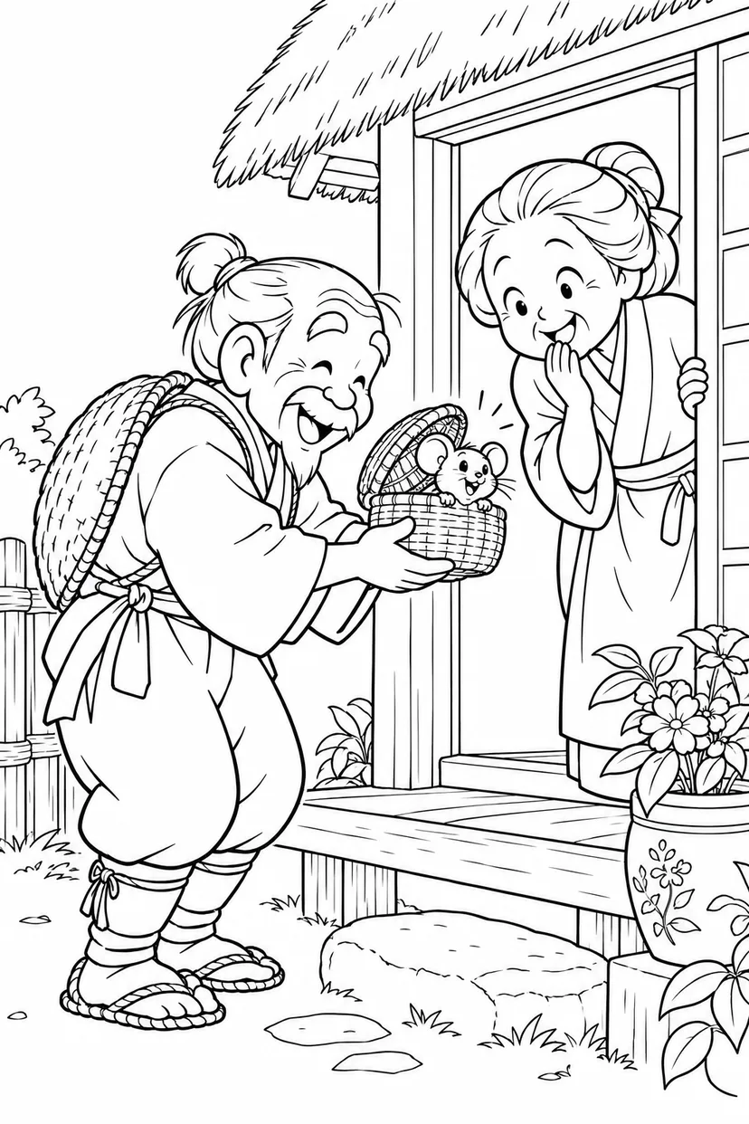 おむすびころりん・ギャグ：おばあさんへのおみやげの塗り絵